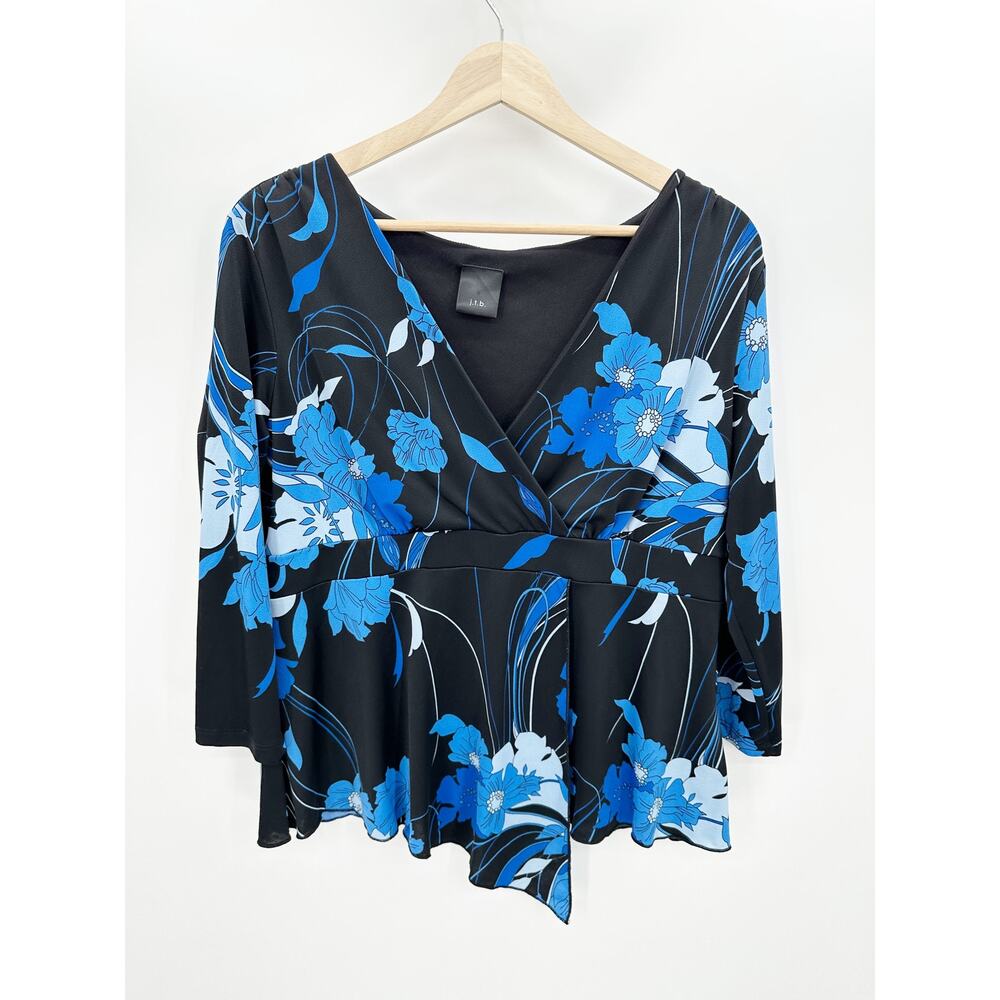 J.T.B Black‎ Blue Floral Faux Wrap V-Neck Long Sleeves Peplum Blouse Women's L